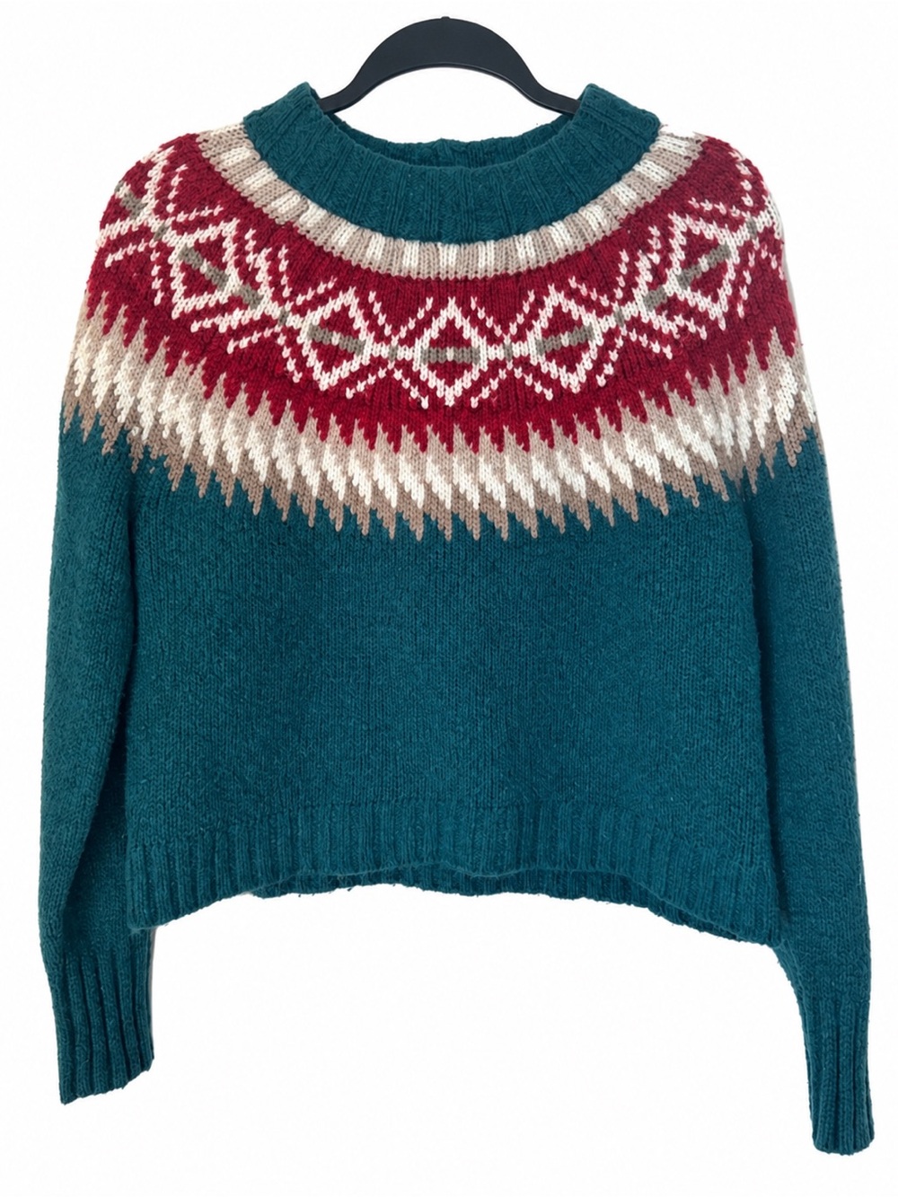 American Eagle Fair Isle Cropped Sweater Teal Nordic Knit Cozy Winter Pullover S